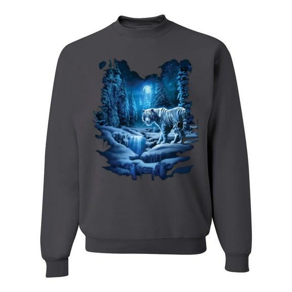 Wild Bobby, Tiger In The Snowy Night Animal Lover Unisex Crewneck Graphic Sweatshirt, Charcoal, Large