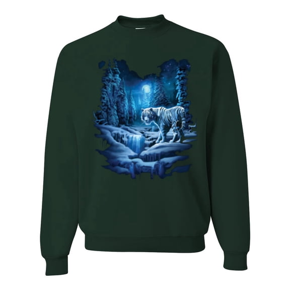 Wild Bobby, Tiger In The Snowy Night Animal Lover Unisex Crewneck Graphic Sweatshirt, Forest Green, X-Large