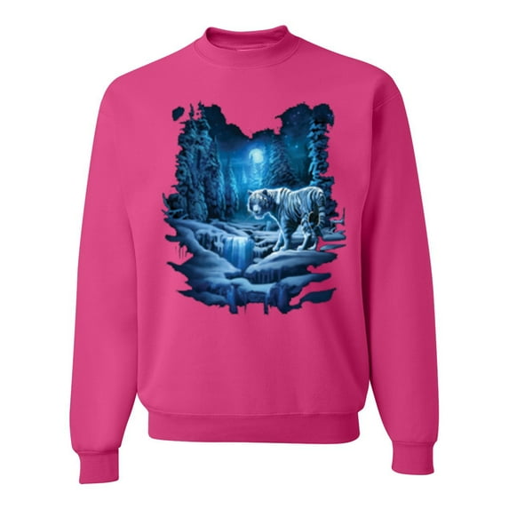 Wild Bobby, Tiger In The Snowy Night Animal Lover Unisex Crewneck Graphic Sweatshirt, Fuschia, Medium