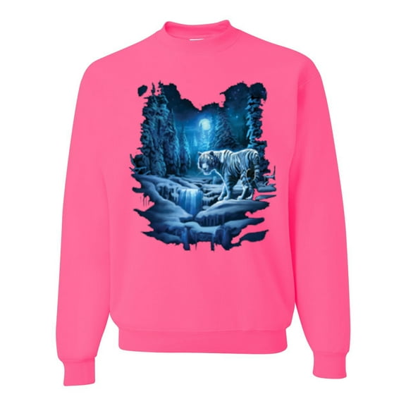 Wild Bobby, Tiger In The Snowy Night Animal Lover Unisex Crewneck Graphic Sweatshirt, Neon Pink, 3XL