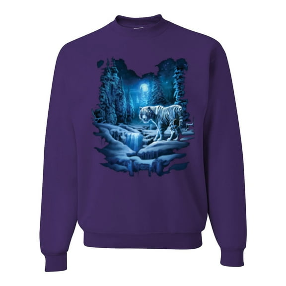 Wild Bobby, Tiger In The Snowy Night Animal Lover Unisex Crewneck Graphic Sweatshirt, Purple, Small