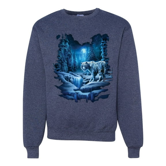 Wild Bobby, Tiger In The Snowy Night Animal Lover Unisex Crewneck Graphic Sweatshirt, Vintage Heather Navy, X-Large