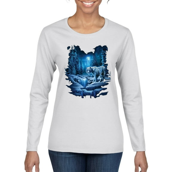 Wild Bobby, Tiger In The Snowy Night Animal Lover Womens Graphic Long Sleeve T-Shirt, White, Medium