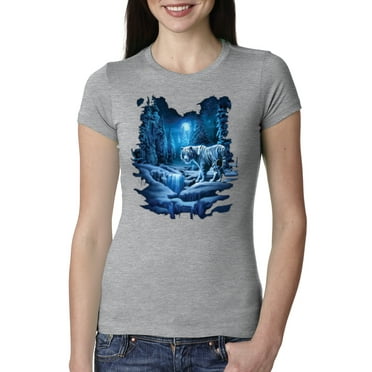 Wild Bobby, Tiger In The Snowy Night Animal Lover Womens Slim Fit Junior Tee, Heather Grey, Small