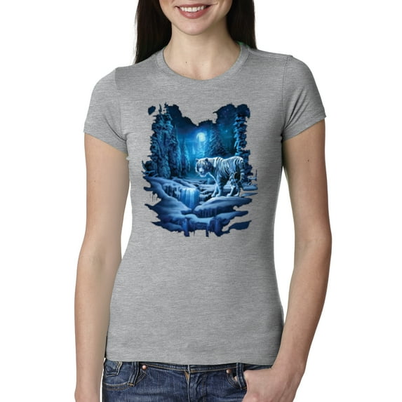 Tiger In The Snowy Night Animal Lover Womens Slim Fit Junior Tee, Heather Grey, Small