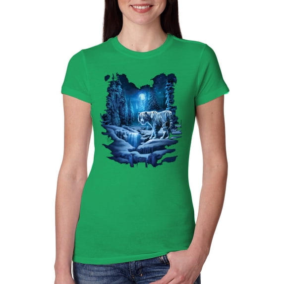 Wild Bobby, Tiger In The Snowy Night Animal Lover Womens Slim Fit Junior Tee, Kelly, 2XL
