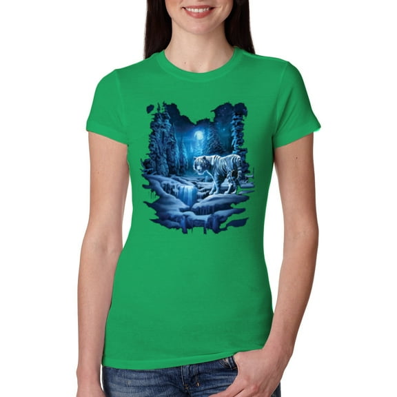 Wild Bobby, Tiger In The Snowy Night Animal Lover Womens Slim Fit Junior Tee, Kelly, Medium