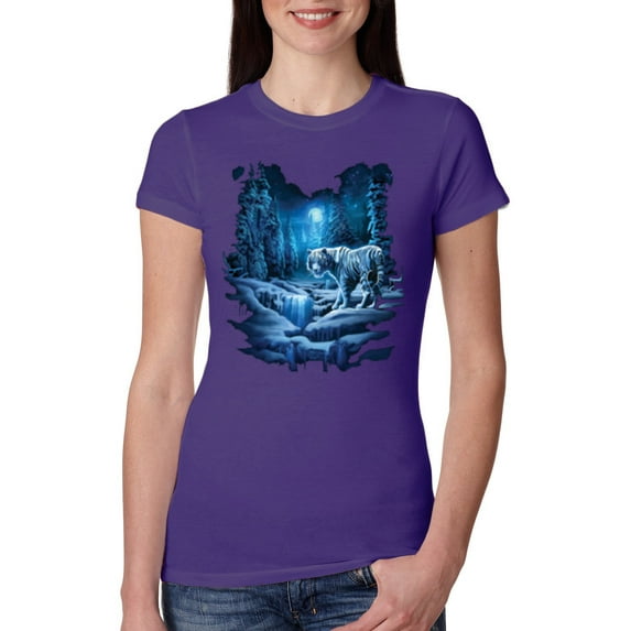 Wild Bobby, Tiger In The Snowy Night Animal Lover Womens Slim Fit Junior Tee, Purple Rush, 2XL