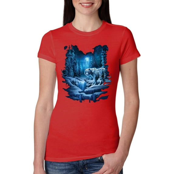 Tiger In The Snowy Night Animal Lover Womens Slim Fit Junior Tee, Red, 2XL