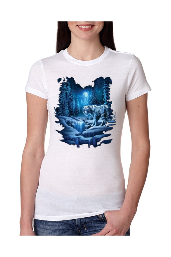 , Tiger In The Snowy Night Animal Lover Womens Slim Fit Junior Tee, White, Large