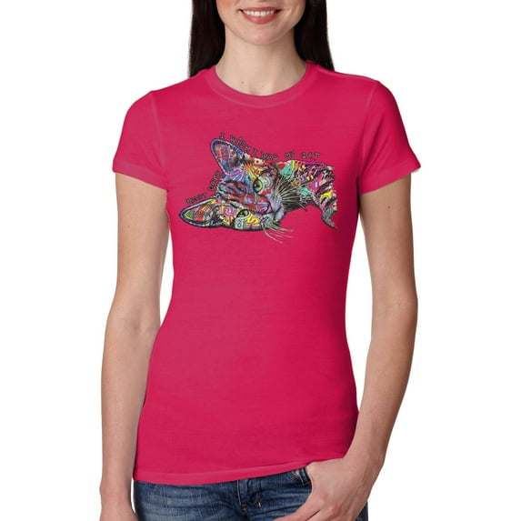 Tired Sleeping Cat | I Wish I Was My Cat Funny Colorful Kitty | Dean Russo Art Animal Lover Womens Slim Fit Junior Tee, Raspberry, XX-Large
