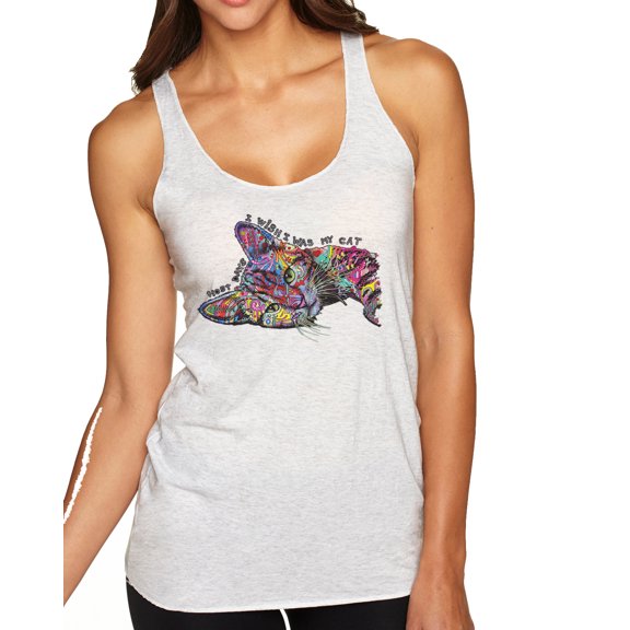 Wild Bobby, Tired Sleeping Cat | I Wish I Was My Cat Funny Colorful Kitty | Dean Russo Art Animal Lover Tri-Blend Racerback Tank Top, Heather White, Large