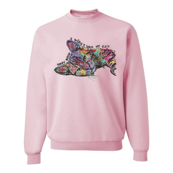 Wild Bobby, Tired Sleeping Cat | I Wish I Was My Cat Funny Colorful Kitty | Dean Russo Art Animal Lover Unisex Crewneck Sweatshirt, Light Pink, XX-Large