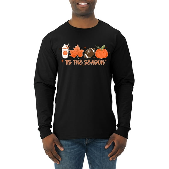 Wild Bobby Tis' The Season Pumpkin Spice Leaves Football Pumpkins Stars Halloween Men Long Sleeve Shirt, Black, Large