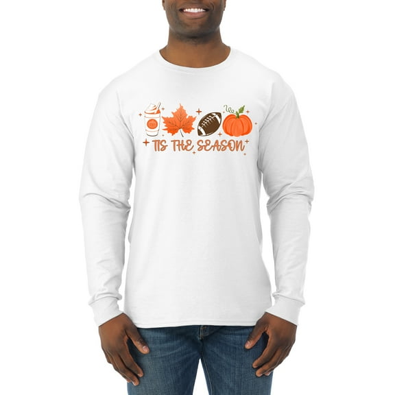 Wild Bobby Tis' The Season Pumpkin Spice Leaves Football Pumpkins Stars Halloween Men Long Sleeve Shirt, White, Large