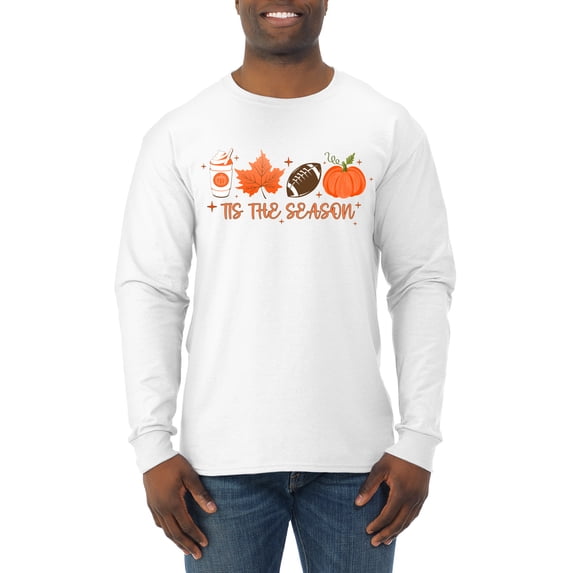 Wild Bobby Tis' The Season Pumpkin Spice Leaves Football Pumpkins Stars Halloween Men Long Sleeve Shirt, White, Large
