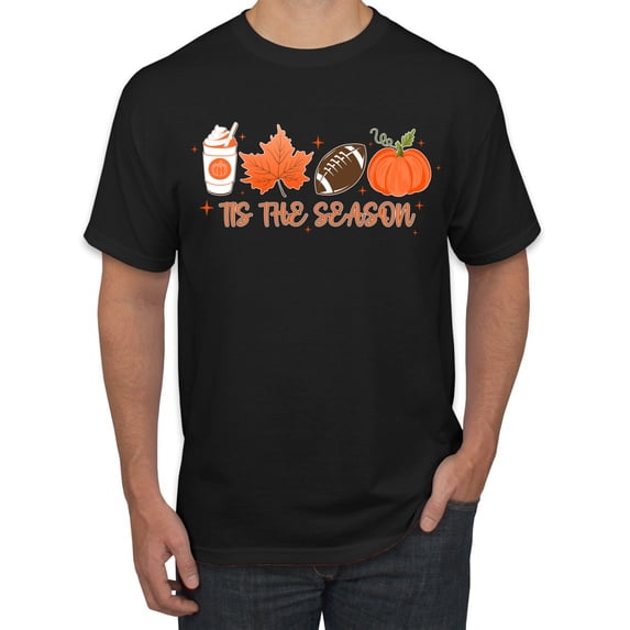 Wild Bobby Tis' The Season Pumpkin Spice Leaves Football Pumpkins Stars Halloween Men Tee, Black, Small