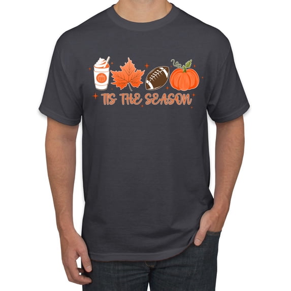 Wild Bobby Tis' The Season Pumpkin Spice Leaves Football Pumpkins Stars Halloween Men Tee, Charcoal, 5X-Large
