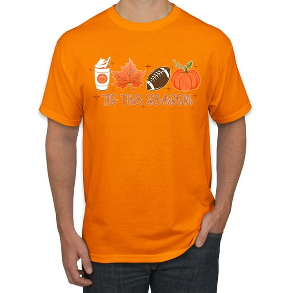 Wild Bobby Tis' The Season Pumpkin Spice Leaves Football Pumpkins Stars Halloween Men Tee, Orange, 3X-Large
