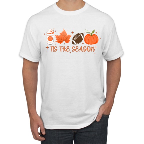 Wild Bobby Tis' The Season Pumpkin Spice Leaves Football Pumpkins Stars Halloween Men Tee, White, X-Large