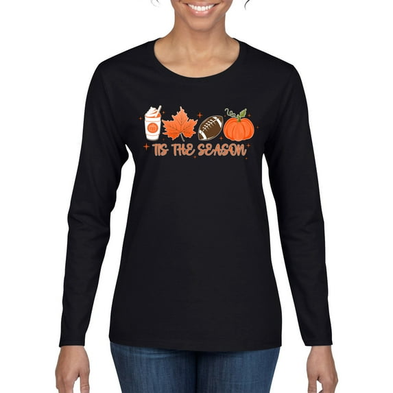Wild Bobby Tis' The Season Pumpkin Spice Leaves Football Pumpkins Stars Halloween Women Graphic Long Sleeve Tee, Black, Small