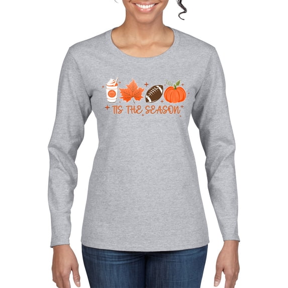 Wild Bobby Tis' The Season Pumpkin Spice Leaves Football Pumpkins Stars Halloween Women Graphic Long Sleeve Tee, Heather Grey, XX-Large