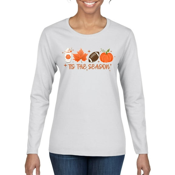 Wild Bobby Tis' The Season Pumpkin Spice Leaves Football Pumpkins Stars Halloween Women Graphic Long Sleeve Tee, White, Medium