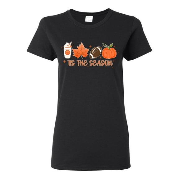 Wild Bobby Tis' The Season Pumpkin Spice Leaves Football Pumpkins Stars Halloween Women Graphic Tee, Black, Small