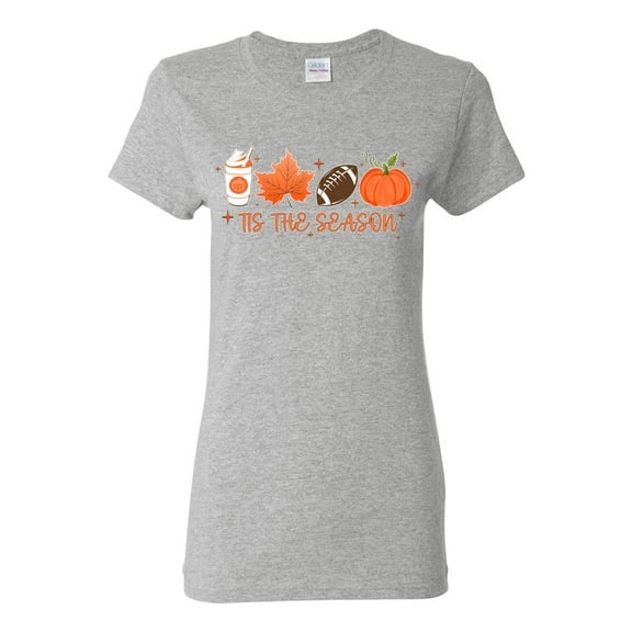 Wild Bobby Tis' The Season Pumpkin Spice Leaves Football Pumpkins Stars Halloween Women Graphic Tee, Heather Grey, Small