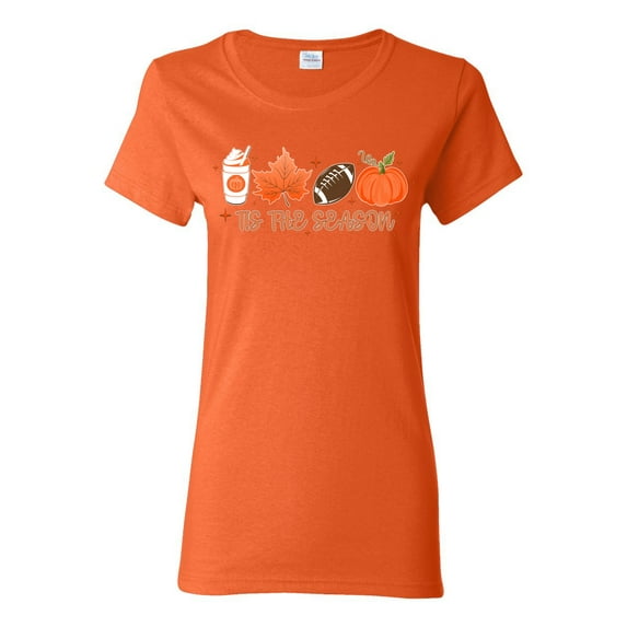 Wild Bobby Tis' The Season Pumpkin Spice Leaves Football Pumpkins Stars Halloween Women Graphic Tee, Orange, XX-Large