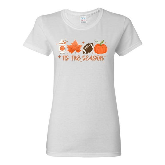 Wild Bobby Tis' The Season Pumpkin Spice Leaves Football Pumpkins Stars Halloween Women Graphic Tee, White, Medium