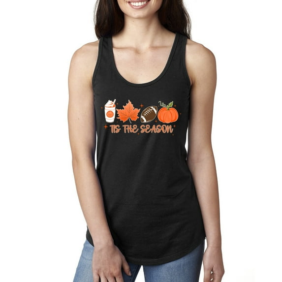 Wild Bobby Tis' The Season Pumpkin Spice Leaves Football Pumpkins Stars Halloween Women Racerback Tank Top, Black, Small