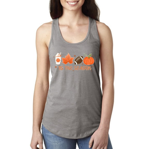 Wild Bobby Tis' The Season Pumpkin Spice Leaves Football Pumpkins Stars Halloween Women Racerback Tank Top, Heather Grey, X-Large