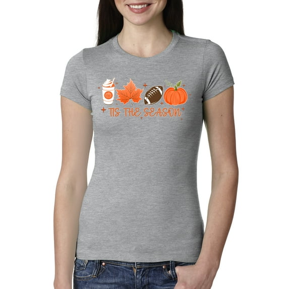 Wild Bobby Tis' The Season Pumpkin Spice Leaves Football Pumpkins Stars Halloween Women Slim Fit Junior Tee, Heather Grey, Large