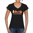 thumbnail image 1 of Wild Bobby Tis' The Season Pumpkin Spice Leaves Football Pumpkins Stars Halloween Women Standard V-Neck Tee, Black, Medium, 1 of 6