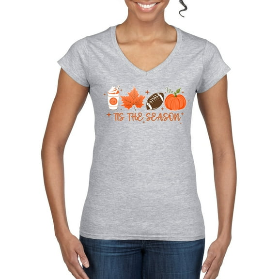 Wild Bobby Tis' The Season Pumpkin Spice Leaves Football Pumpkins Stars Halloween Women Standard V-Neck Tee, Heather Grey, Large