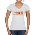 thumbnail image 1 of Wild Bobby Tis' The Season Pumpkin Spice Leaves Football Pumpkins Stars Halloween Women Standard V-Neck Tee, White, Medium, 1 of 6