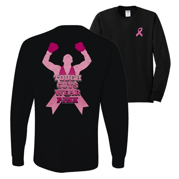 Wild Bobby Tough Guys Wear Pink Boxer Breast Cancer Awareness Front and Back Mens Long Sleeve Shirt, Black, Small