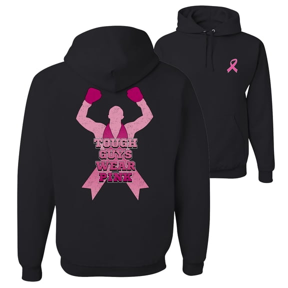 Wild Bobby Tough Guys Wear Pink Boxer Breast Cancer Awareness Front and Back Unisex Hoodie Sweatshirt, Black, Small
