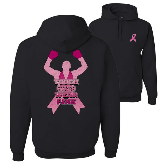 Wild Bobby Tough Guys Wear Pink Boxer Breast Cancer Awareness Front and Back Unisex Hoodie Sweatshirt, Black, Small