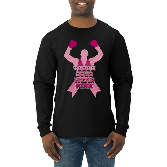 Wild Bobby Tough Guys Wear Pink Boxer Breast Cancer Awareness Men Long Sleeve Shirt, Black, Small
