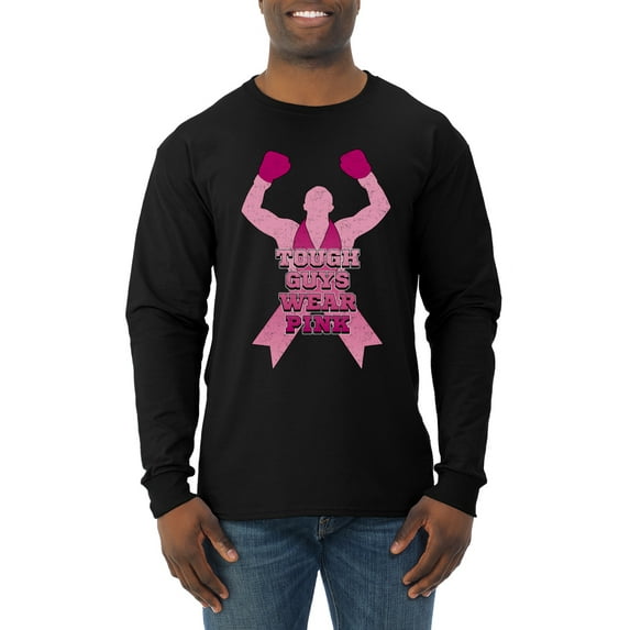 Wild Bobby Tough Guys Wear Pink Boxer Breast Cancer Awareness Men Long Sleeve Shirt, Black, Small