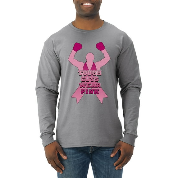 Wild Bobby Tough Guys Wear Pink Boxer Breast Cancer Awareness Men Long Sleeve Shirt, Heather Grey, Large