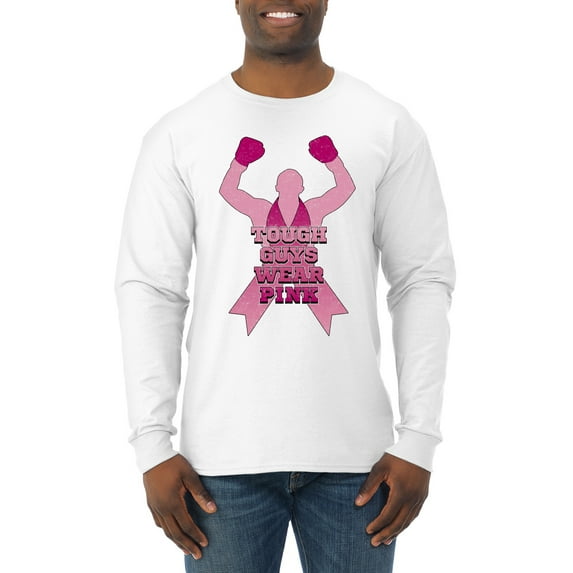 Wild Bobby Tough Guys Wear Pink Boxer Breast Cancer Awareness Men Long Sleeve Shirt, White, Small