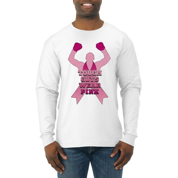 Wild Bobby Tough Guys Wear Pink Boxer Breast Cancer Awareness Men Long Sleeve Shirt, White, X-Large