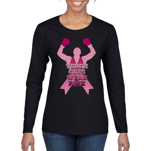 Wild Bobby Tough Guys Wear Pink Boxer Breast Cancer Awareness Women Graphic Long Sleeve Tee, Black, Small
