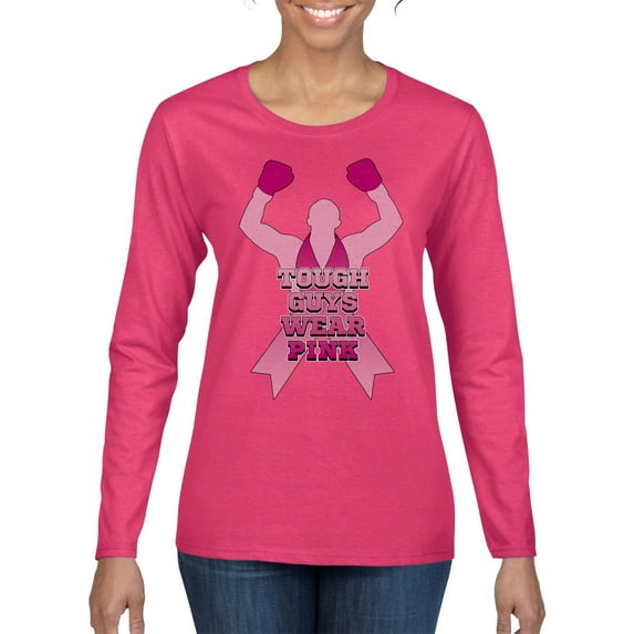 Wild Bobby Tough Guys Wear Pink Boxer Breast Cancer Awareness Women Graphic Long Sleeve Tee, Fuschia, Large