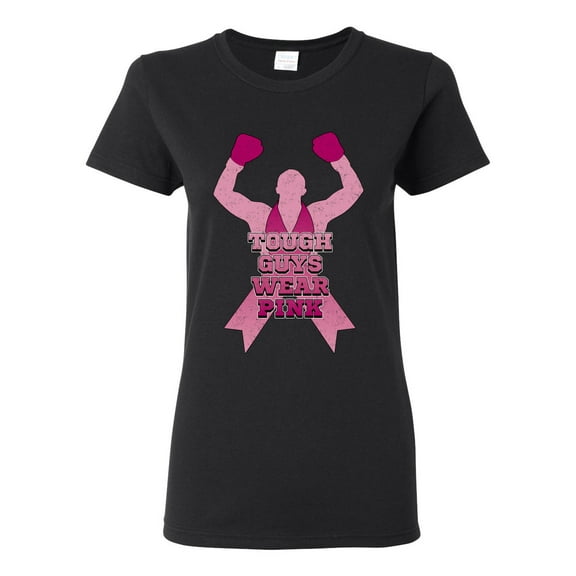 Wild Bobby Tough Guys Wear Pink Boxer Breast Cancer Awareness Women Graphic Tee, Black, Small