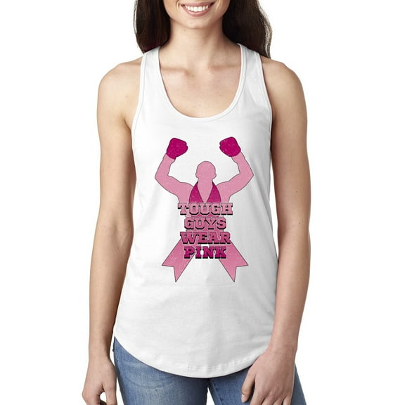 Wild Bobby Tough Guys Wear Pink Boxer Breast Cancer Awareness Women Racerback Tank Top, White, Medium