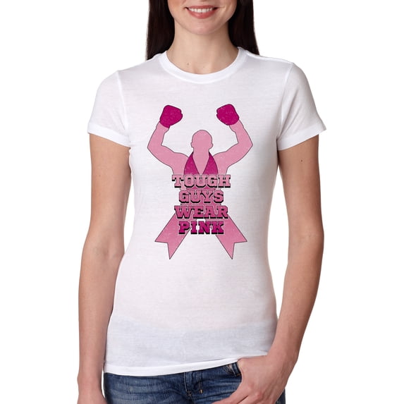 Wild Bobby Tough Guys Wear Pink Boxer Breast Cancer Awareness Women Slim Fit Junior Tee, White, XX-Large